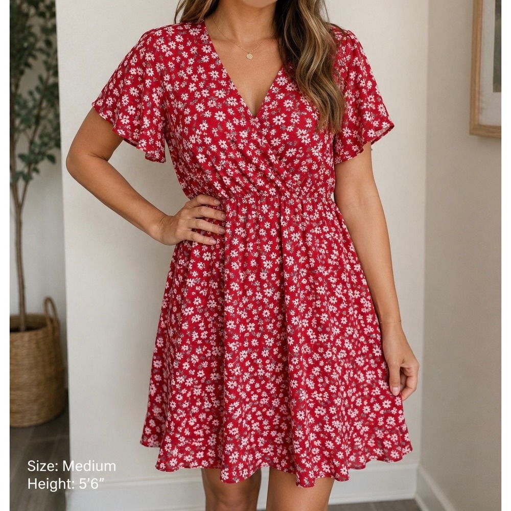 Sienna Sky Red Floral Wrap V-Neck Flutter Sleeve Mini Dress Womens medium 0017